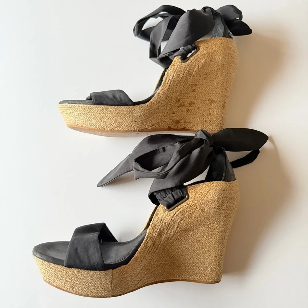 UGG Jules Black Wedge Sandal with ribbon ankle ties, open toe, size 8.5US
